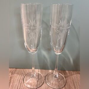 2 Harley Davidson Champagne Flutes Etched Glass Lead Crystal  Wedding Gift